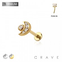 IMPLANT GRADE TITANIUM THREADLESS PUSH IN CZ MOON LABRET STUD SET